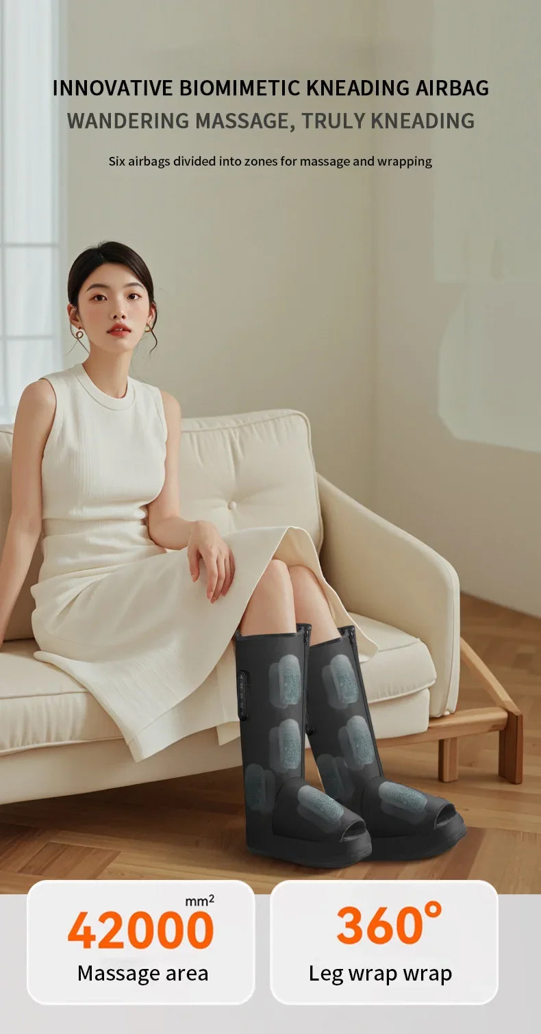Woman sitting on a couch wearing gray knee-high boots with text about an innovative biomimetic kneading airbag.
