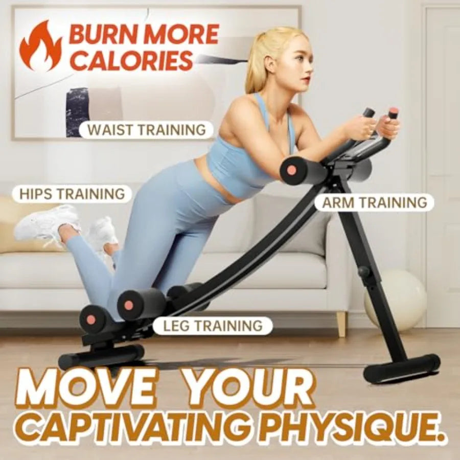 Woman using a waist trainer with text highlighting various training benefits in a living room setting.