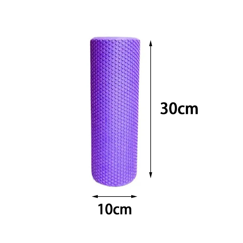 Purple foam roller with dimensions labeled on a white background