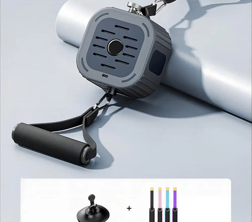Gray handheld device with a strap on a light gray background, with additional color options displayed below.