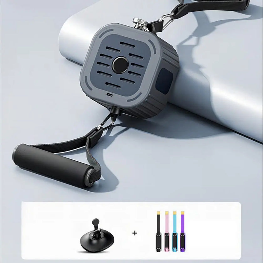 Gray handheld device with a strap on a light gray background, with additional color options displayed below.