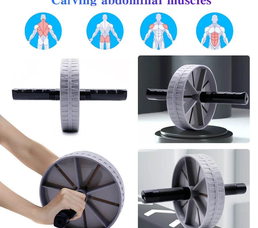 Abdominal exercise wheel with images showing muscle groups and usage.