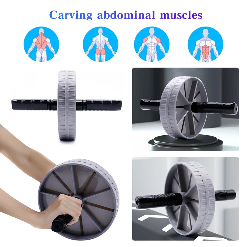 Abdominal exercise wheel with images showing muscle groups and usage.