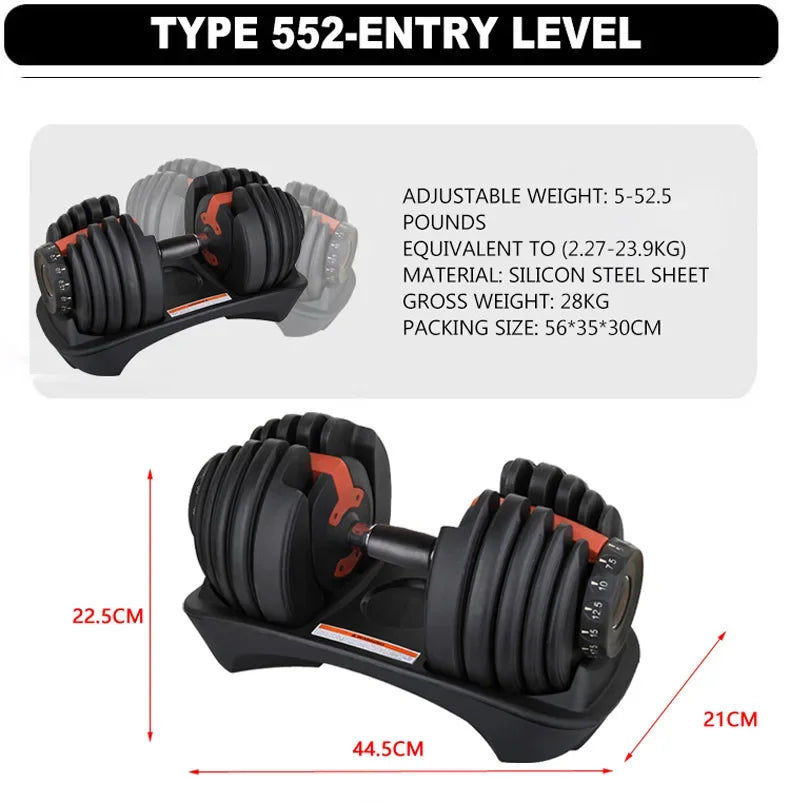 Pair of adjustable dumbbells with specifications on a white background