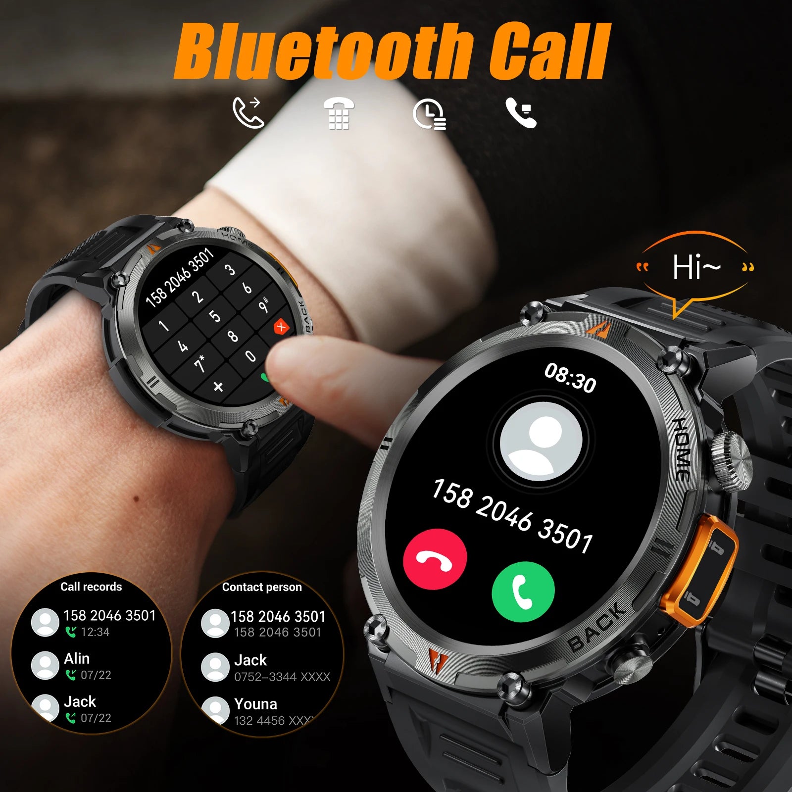Smartwatch with Bluetooth call features displayed on a person's wrist