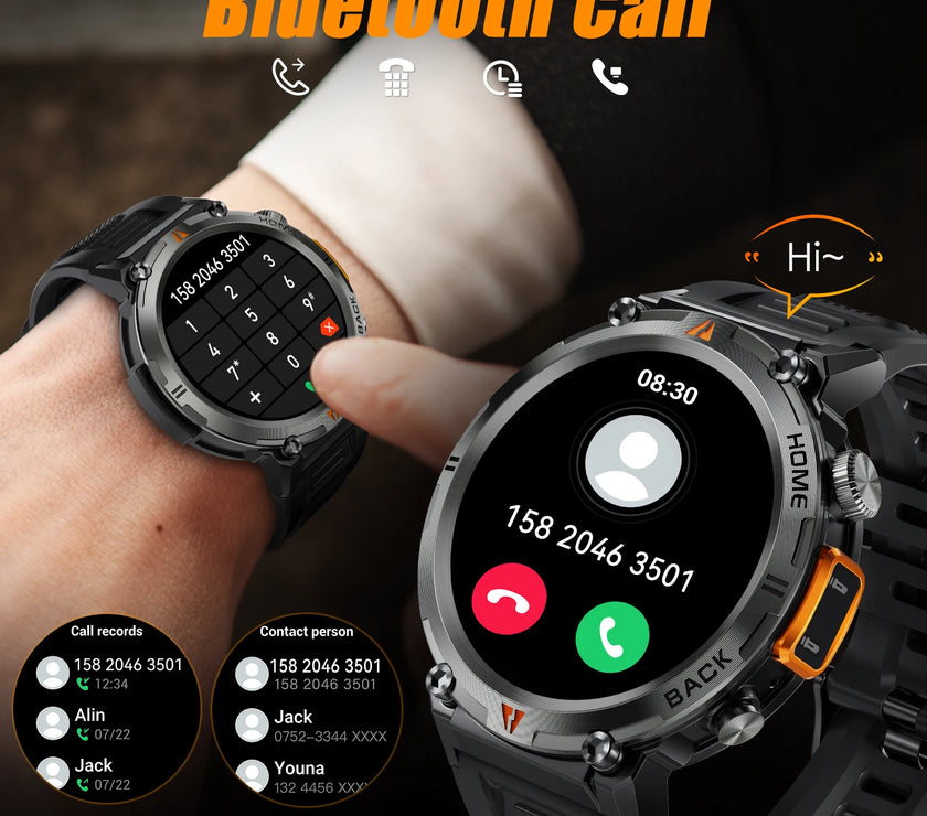 Smartwatch with Bluetooth call features displayed on a person's wrist