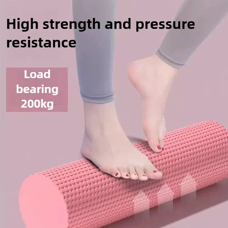 Person stepping on a pink foam roller with text about strength, pressure resistance, and load-bearing capacity.