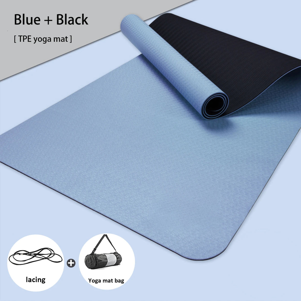 Blue and black TPE yoga mat with lacing and yoga mat bag icons on a light gray background