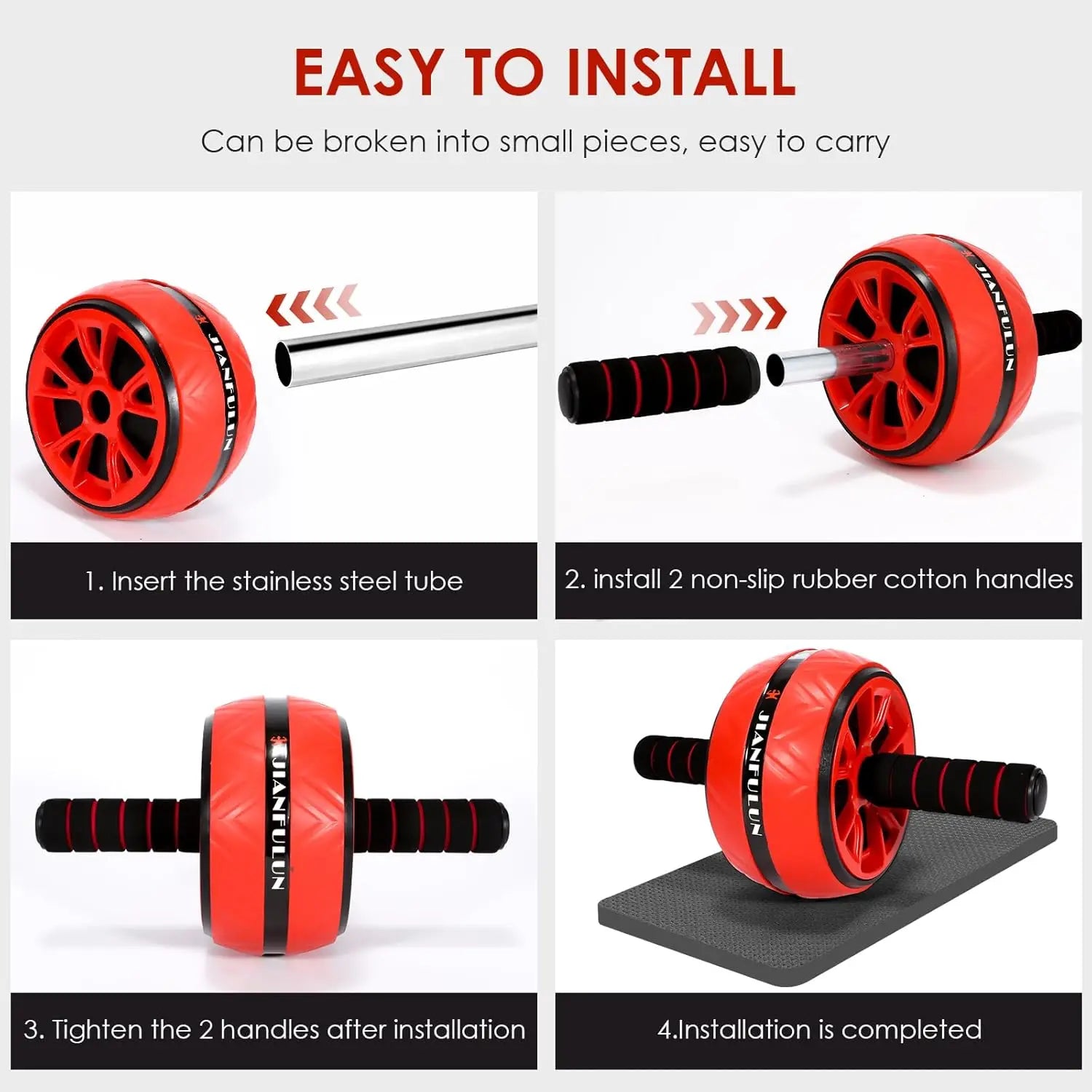 Instructions for assembling red and black ab wheel with text on a white background