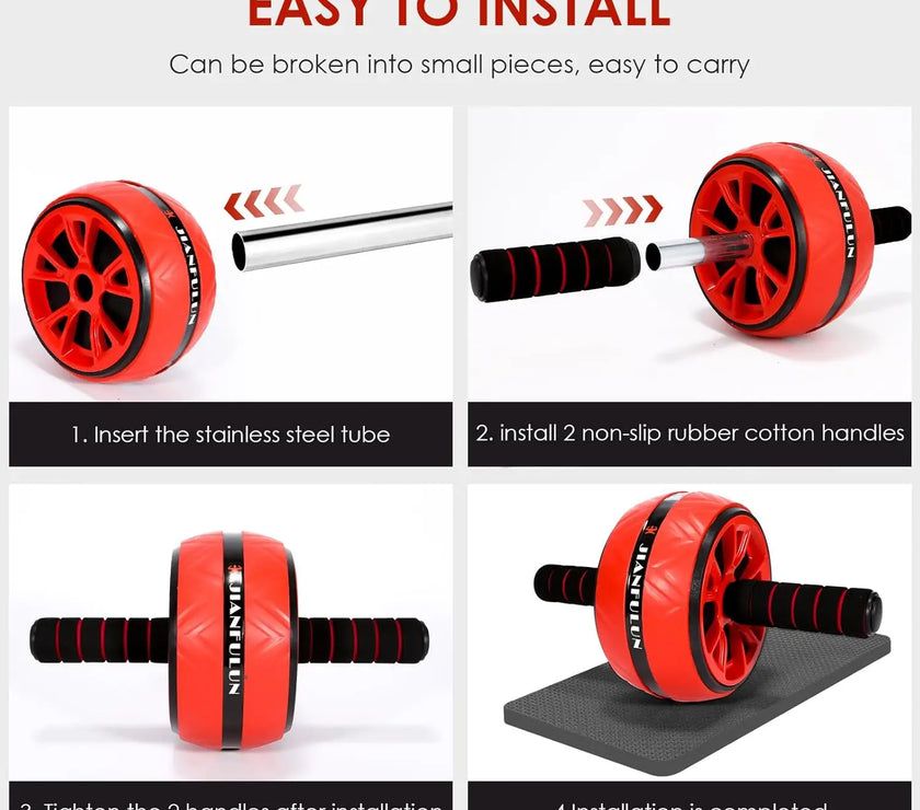 Instructions for assembling red and black ab wheel with text on a white background