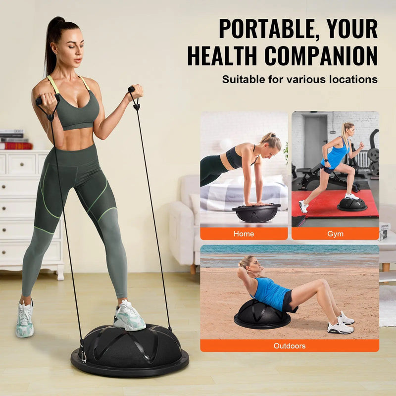 Woman using a portable fitness device with text highlighting its portability and suitability for various locations.