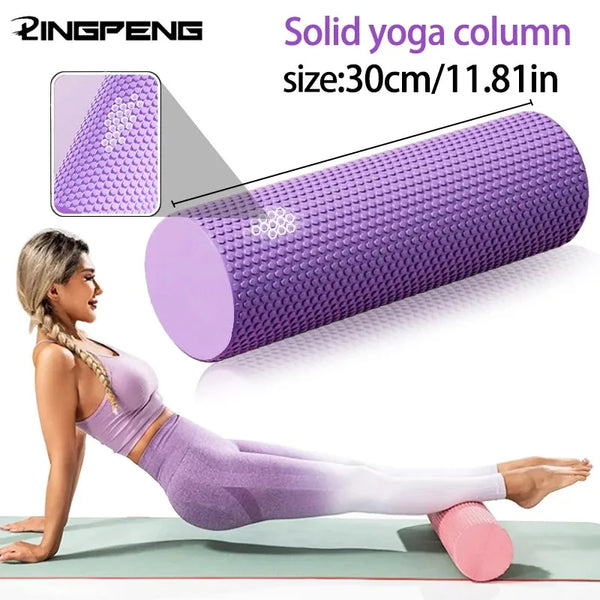Purple yoga roller with a woman using it on a white background, featuring the brand 'Pengpeng'.