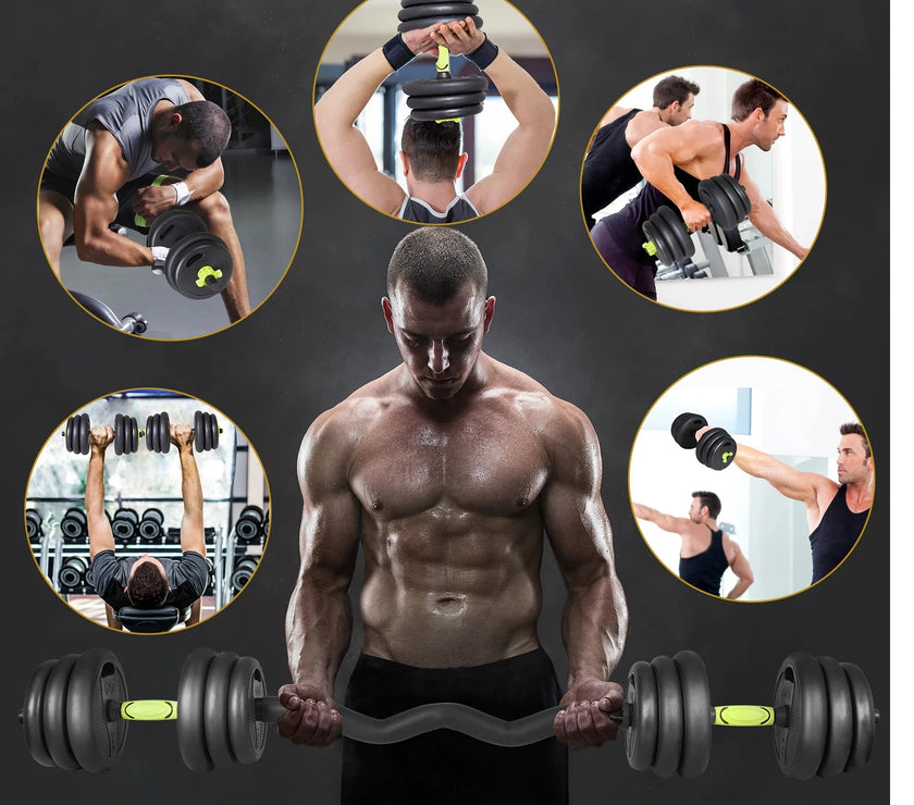 Man lifting dumbbells with inset images of people using dumbbells in various settings.
