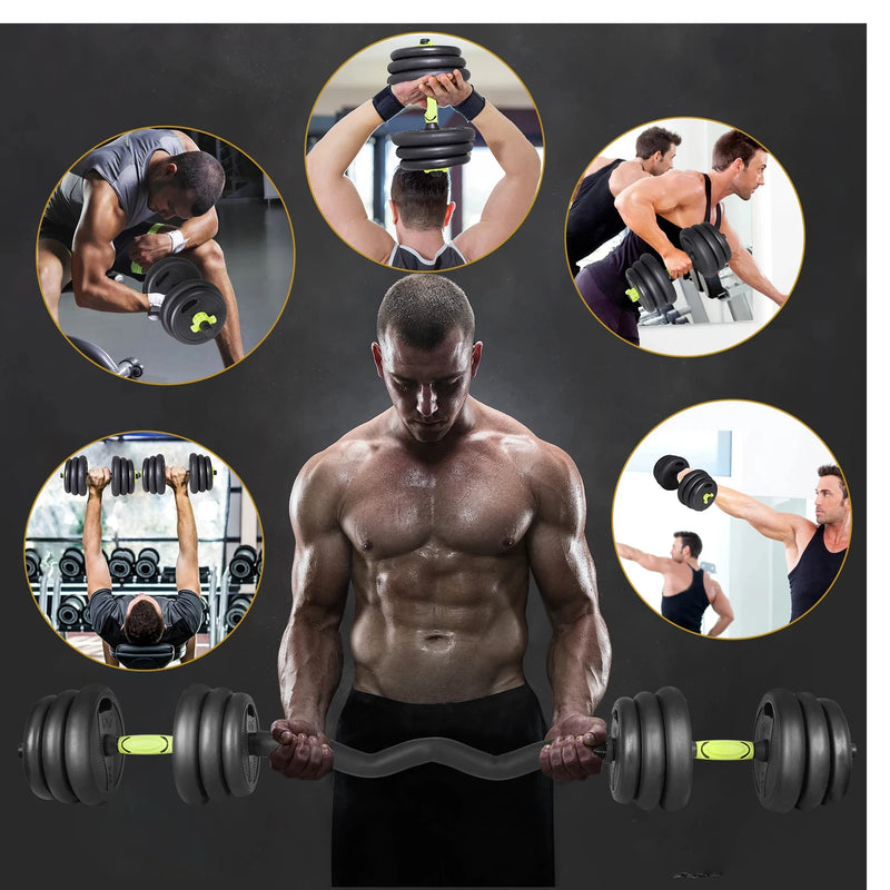 Man lifting dumbbells with inset images of people using dumbbells in various settings.