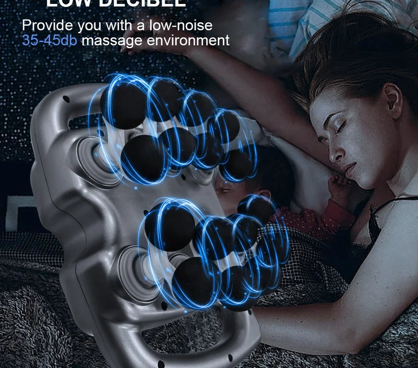 Massage device with blue lights and text about low decibel massage environment.