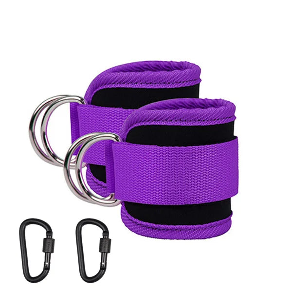 An image showing a person using an ankle cuff with a resistance band, which is pink in color. The set includes additional bands and a black carrying case.