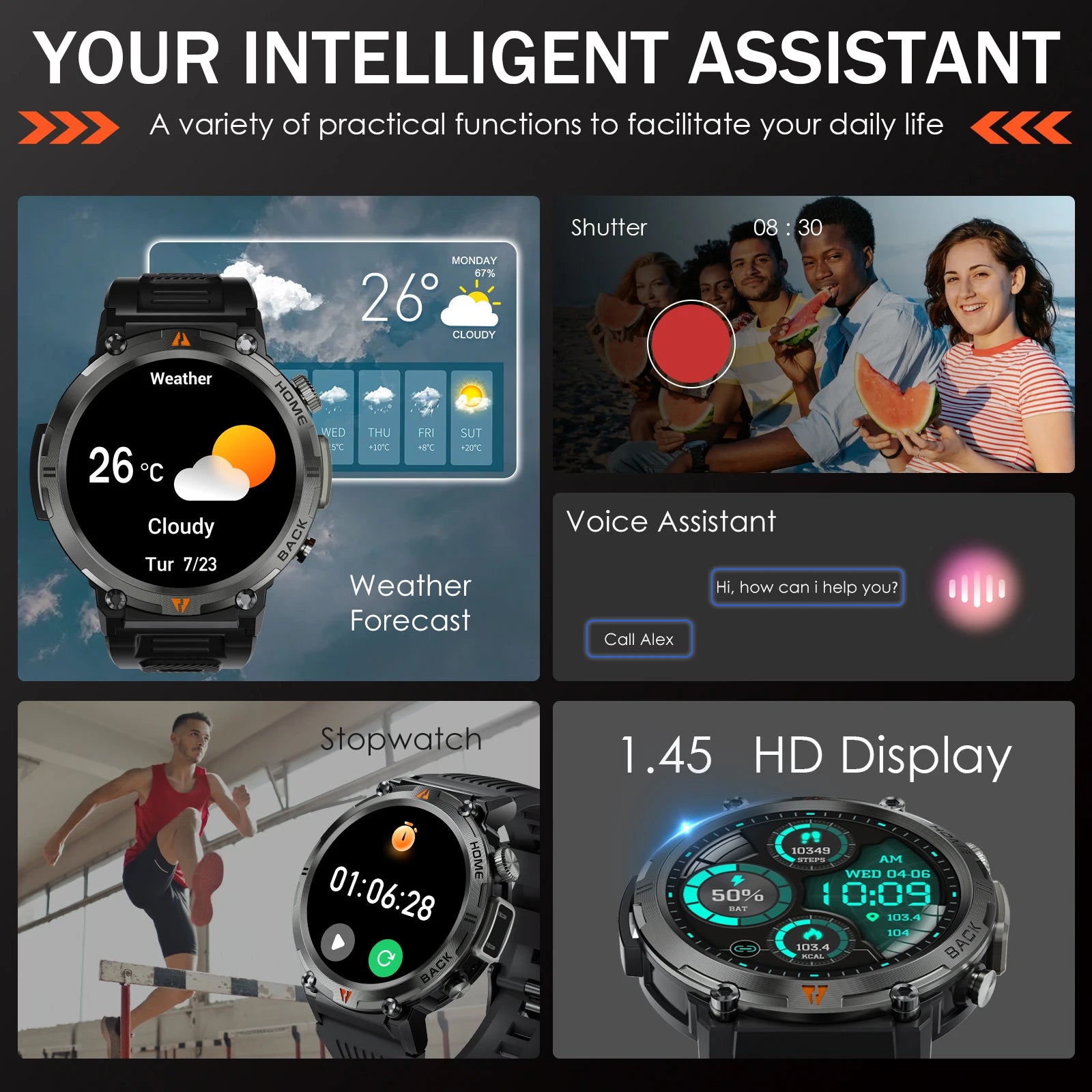 Smartwatch with weather forecast, voice assistant, and stopwatch functions on a gray background.