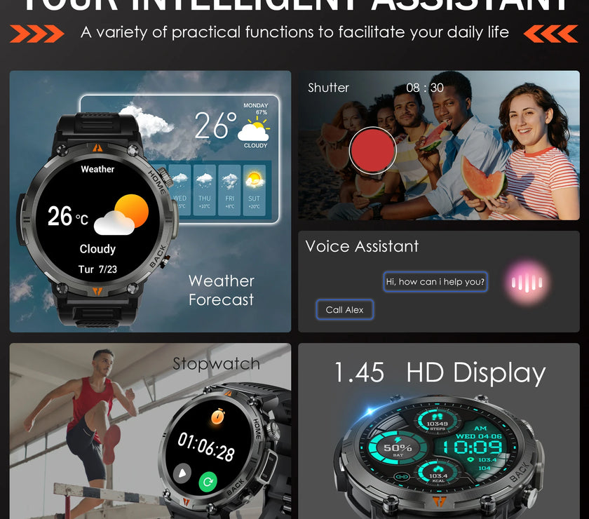 Smartwatch with weather forecast, voice assistant, and stopwatch functions on a gray background.
