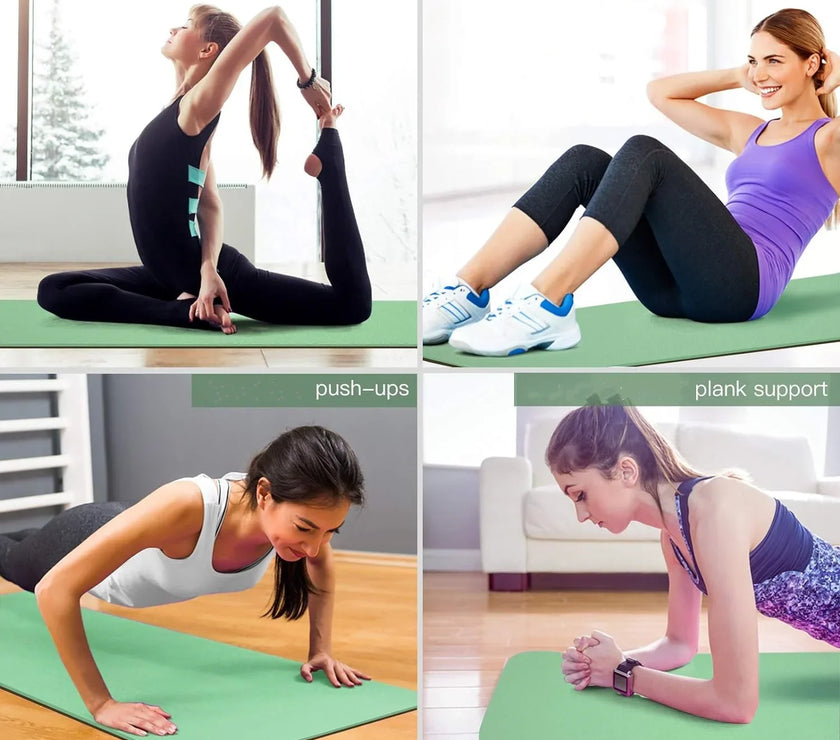Four different exercises performed by a woman on a green mat.