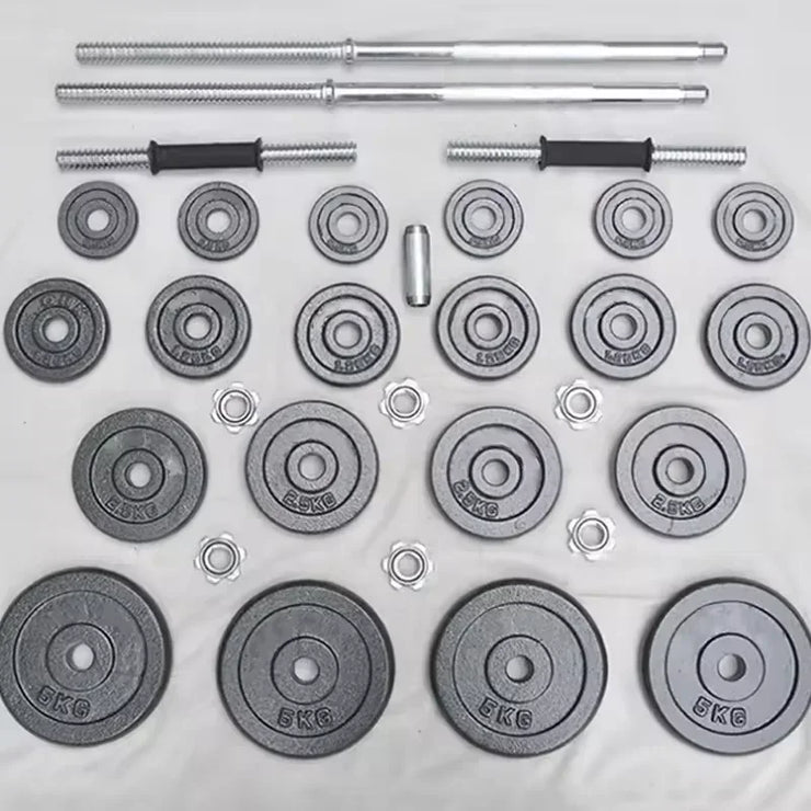 Set of weight plates and bars on a white background