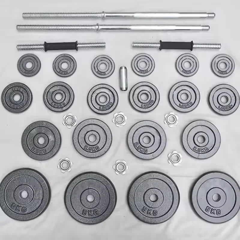 Set of weight plates and bars on a white background