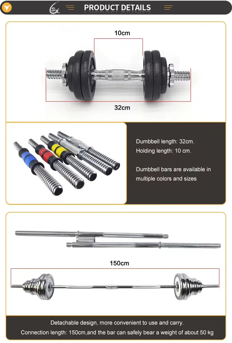 Product details of dumbbells with measurements and color options on a black background