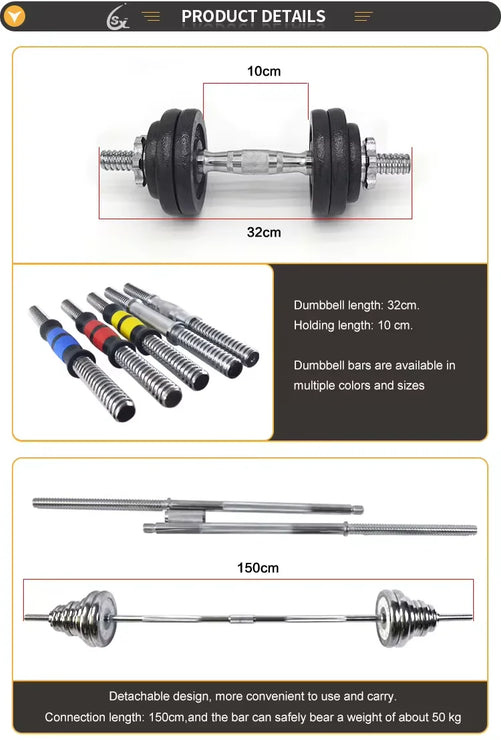 Product details of dumbbells with measurements and color options on a black background