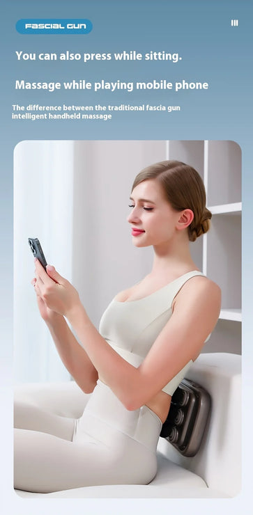 Woman using a handheld device with massage function while sitting on a couch, Fascia Gun brand visible.