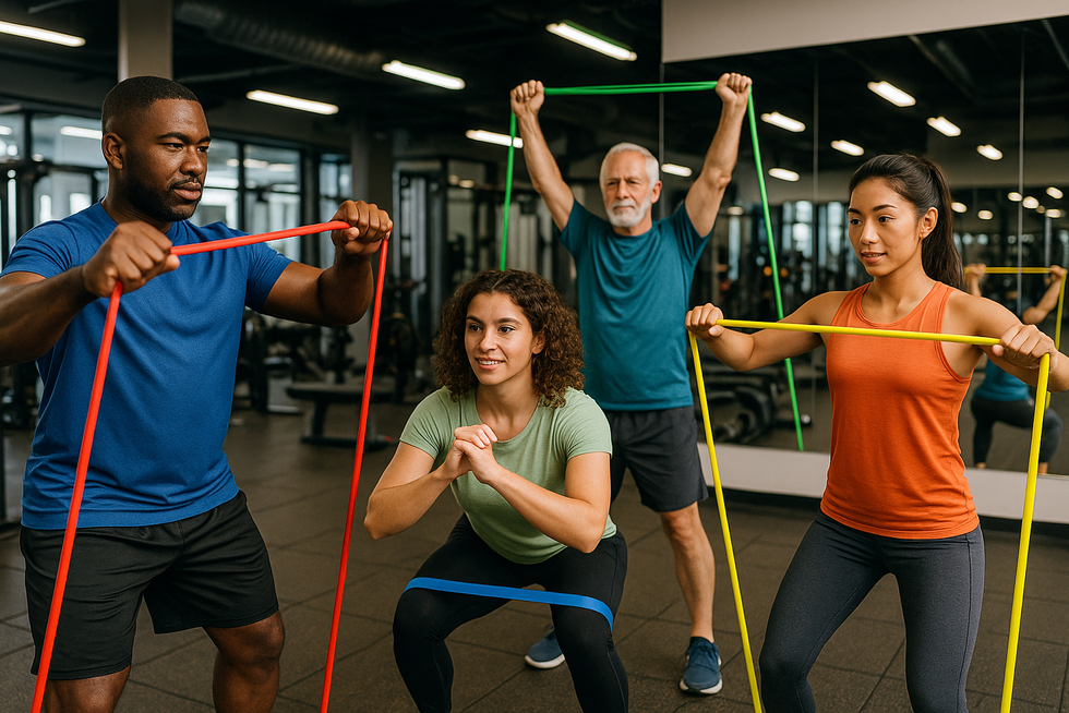 A group of people working out using resistance band in the gym