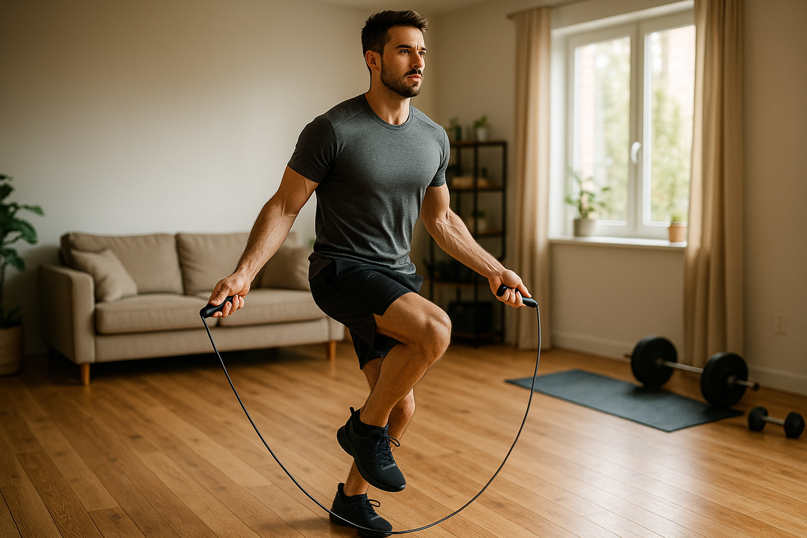 A man using jump rope at home