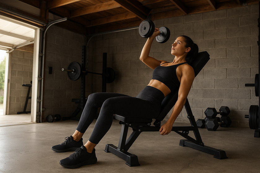 A woman using DGZ Super Bench in garade