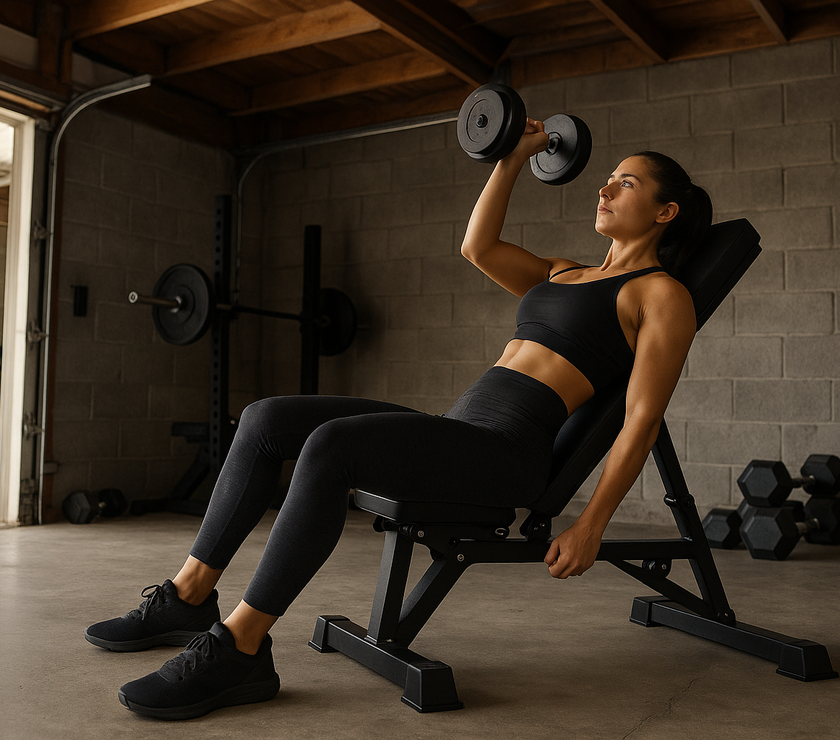 A woman using DGZ Super Bench in garade