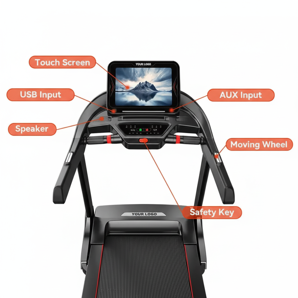 Treadmill with labeled features on a white background