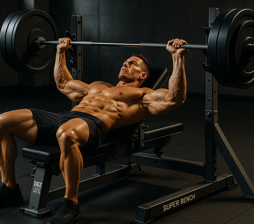 Model performing bench press with barbell with DGZ super bench