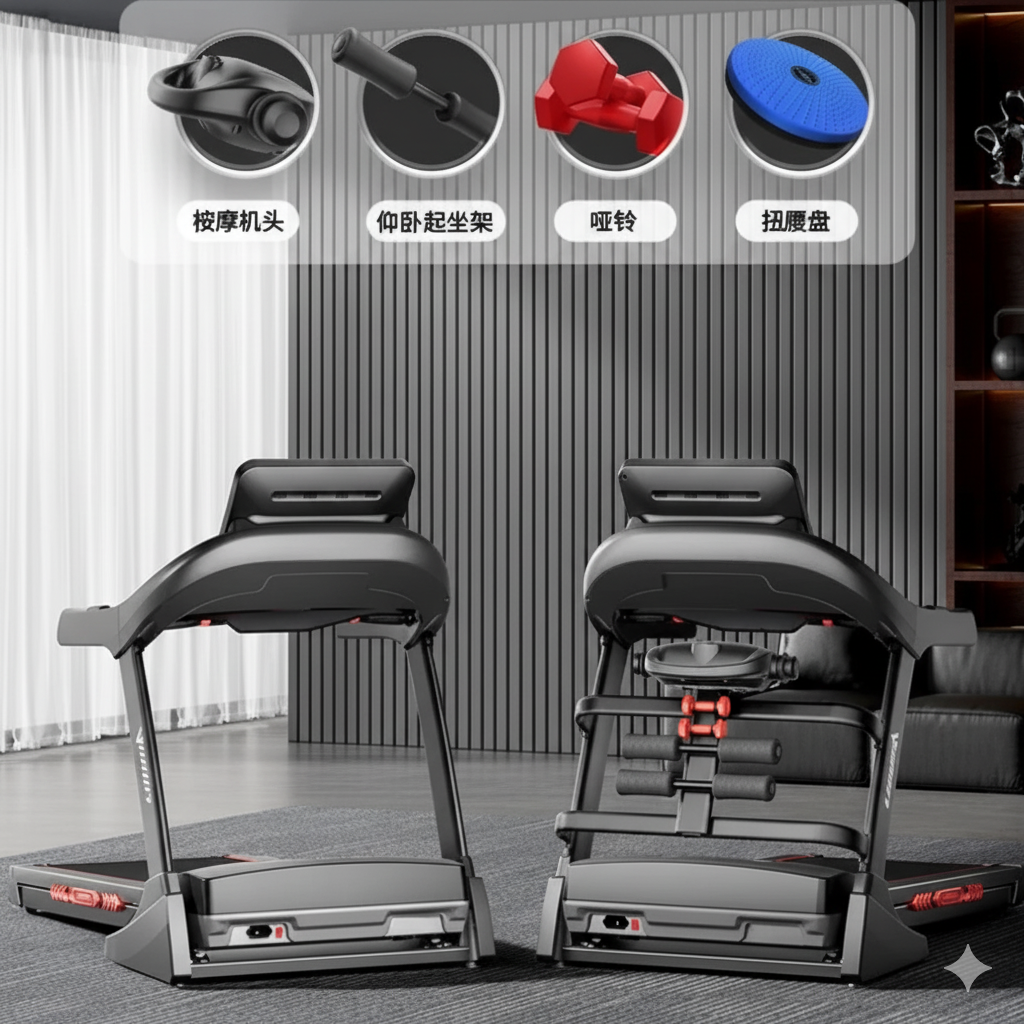 Two exercise machines with close-up insets of attachments on a gray floor.