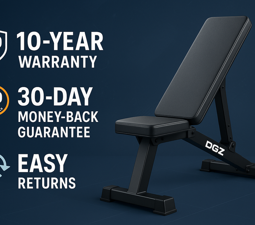 Visual showing “10-Year Warranty | 30-Day Money-Back Guarantee | Easy Returns”. for DGZ super bench