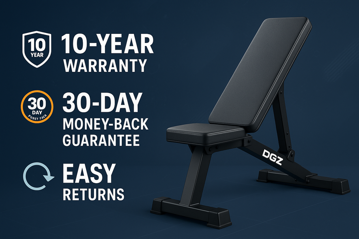 Visual showing “10-Year Warranty | 30-Day Money-Back Guarantee | Easy Returns”. for DGZ super bench